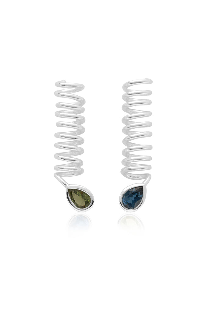 Blue Topaz and Green Tourmaline Sterling Silver Curl Drop Earrings